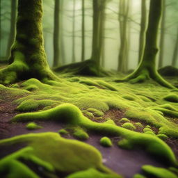 A lush, green carpet of moss covering the forest floor