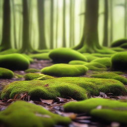 A lush, green carpet of moss covering the forest floor