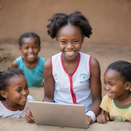 Joyful African communities living in a flourishing world, their lives enhanced by a revolutionary health infrastructure software developed by a dedicated young black girl.