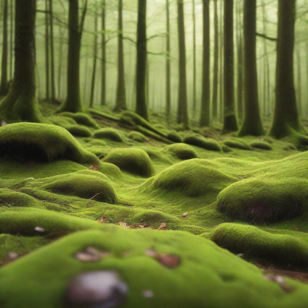 A lush, green carpet of moss covering the forest floor