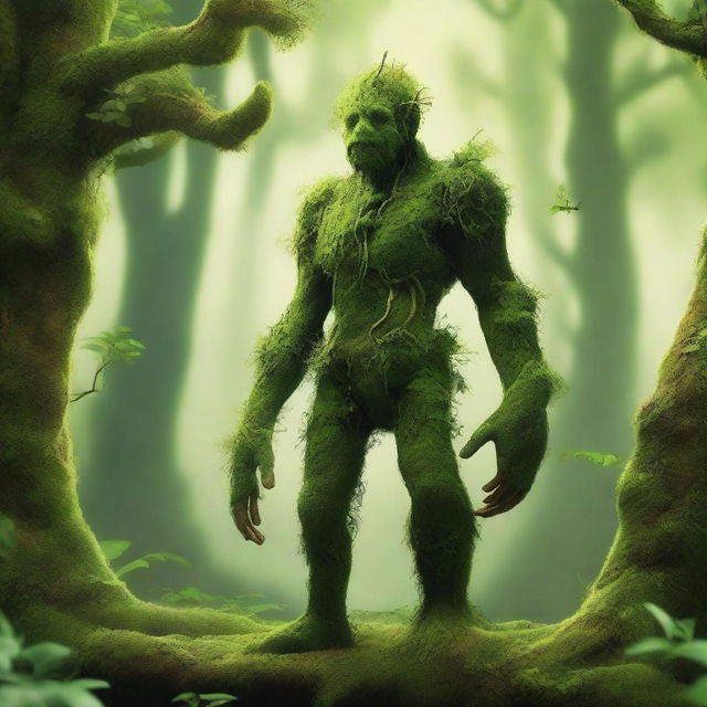 A detailed illustration of Mossman, a humanoid creature covered in lush green moss and plant life