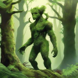 A detailed illustration of Mossman, a humanoid creature covered in lush green moss and plant life