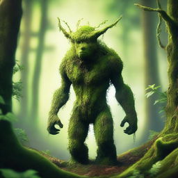 A detailed illustration of Mossman, a humanoid creature covered in lush green moss and plant life