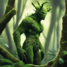 A detailed illustration of Mossman, a humanoid creature covered in lush green moss and plant life