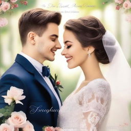 A beautiful book cover titled 'Din ziua în care te-am cunoscut' featuring Evelyn and Adam on their wedding day