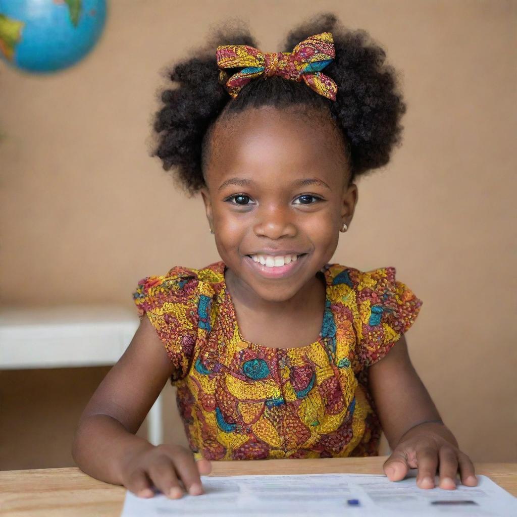 Joyful African communities living in a flourishing world, their lives enhanced by a revolutionary health infrastructure software developed by a dedicated young black girl.