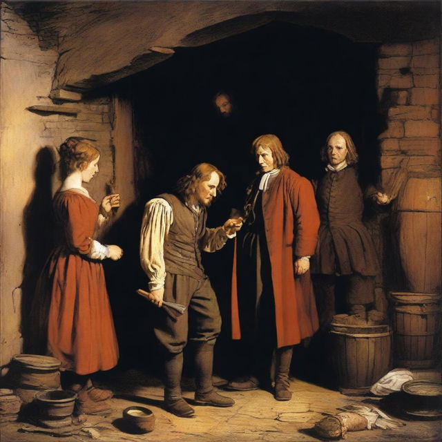 A dramatic scene set in the 17th century, showing Joshua Flinders arriving home with a crucial chemical substance called 'Salva'