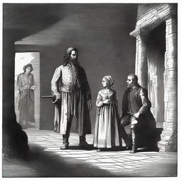 A dramatic scene set in the 17th century, showing Joshua Flinders arriving home with a crucial chemical substance called 'Salva'