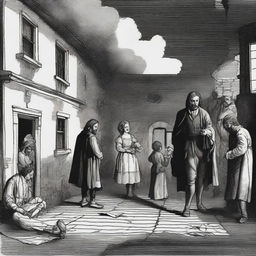 A dramatic scene set in the 17th century, showing Joshua Flinders arriving home with a crucial chemical substance called 'Salva'