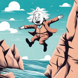 A whimsical illustration of Albert Einstein jumping off a cliff with a playful expression