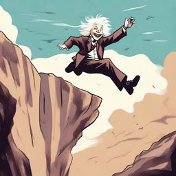 A whimsical illustration of Albert Einstein jumping off a cliff with a playful expression