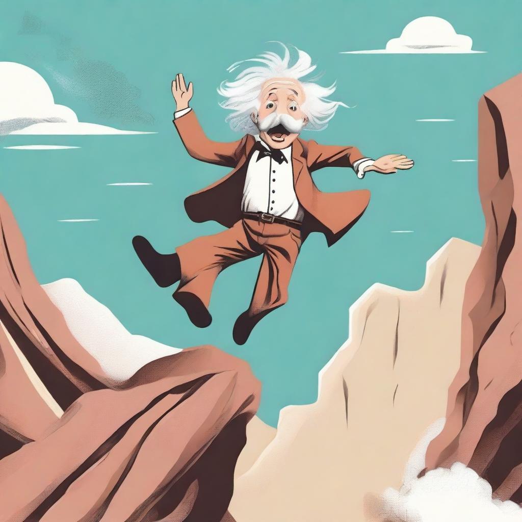 A whimsical illustration of Albert Einstein jumping off a cliff with a playful expression