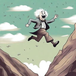 A whimsical illustration of Albert Einstein jumping off a cliff with a playful expression