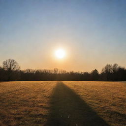 A radiant and vibrant sun in the clear sky, casting long shadows with its warm golden light.