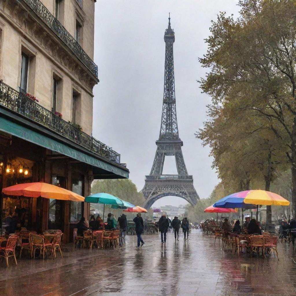 An enchanting view of a cafè in the heart of Paris during a light rain shower, with people under colorful umbrellas and the Eiffel Tower in the background.