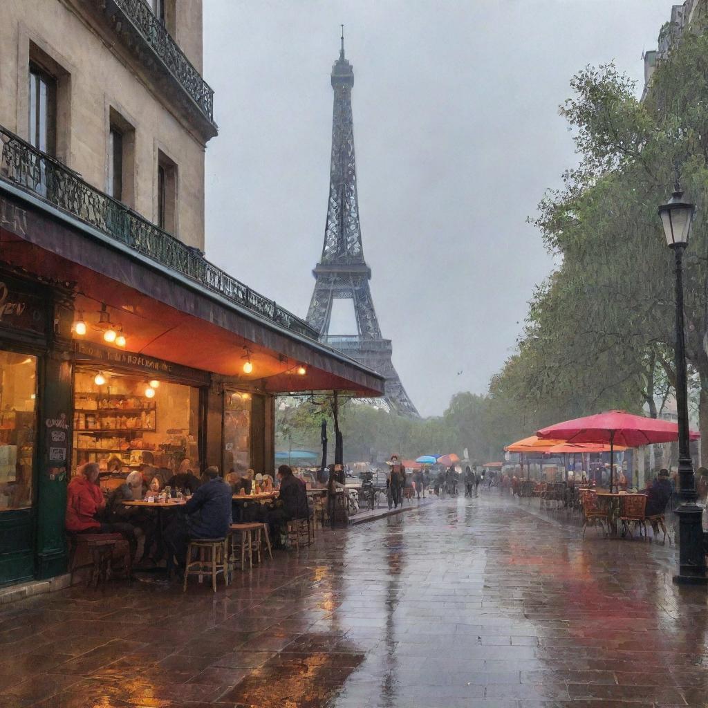 An enchanting view of a cafè in the heart of Paris during a light rain shower, with people under colorful umbrellas and the Eiffel Tower in the background.