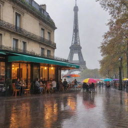 An enchanting view of a cafè in the heart of Paris during a light rain shower, with people under colorful umbrellas and the Eiffel Tower in the background.