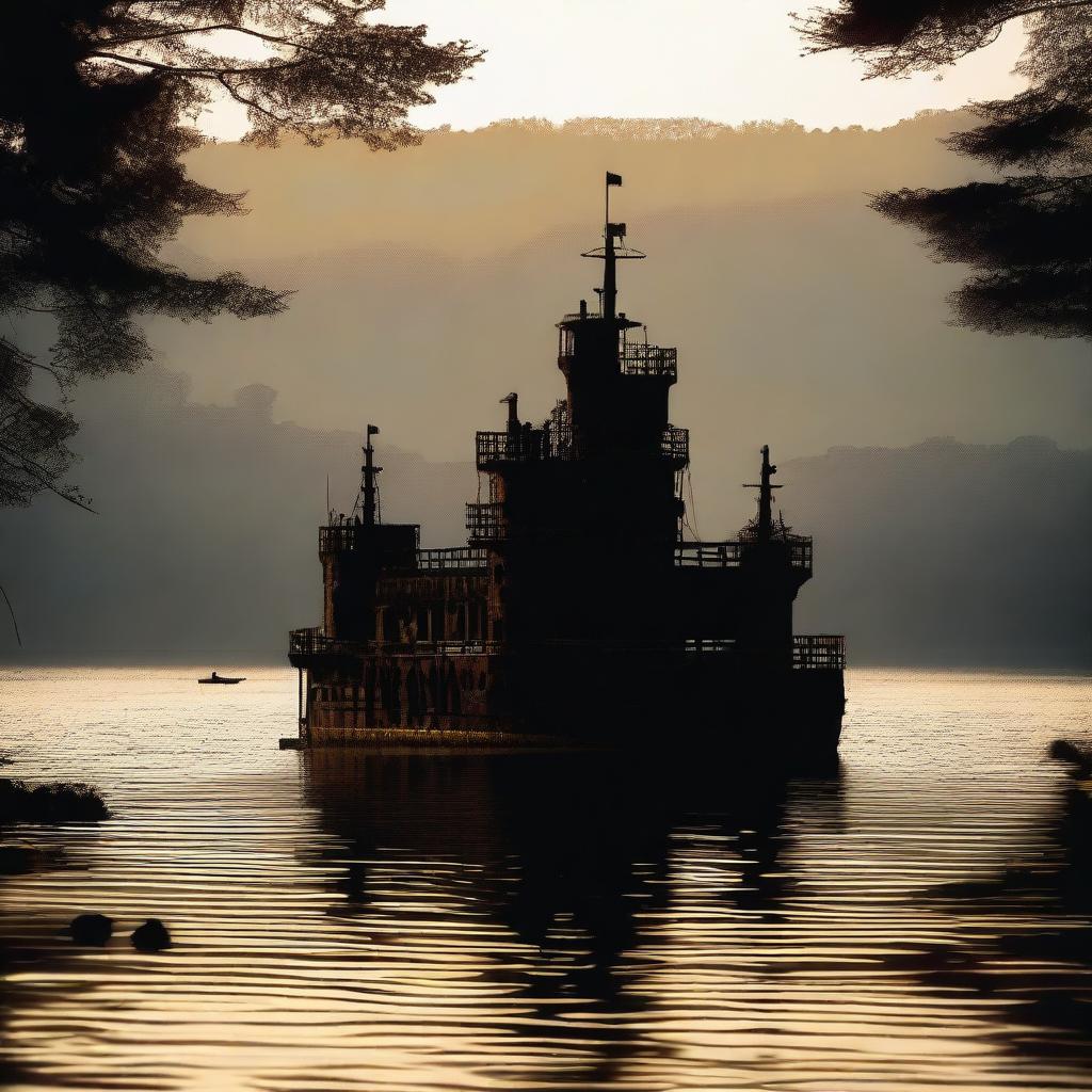 In the background, the silhouette of Bannerman's Castle on Pollepel Island, surrounded by forest and water, creating an atmosphere of isolation and adventure