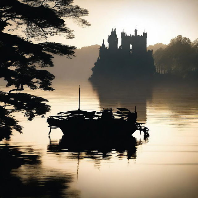 In the background, the silhouette of Bannerman's Castle on Pollepel Island, surrounded by forest and water, creating an atmosphere of isolation and adventure