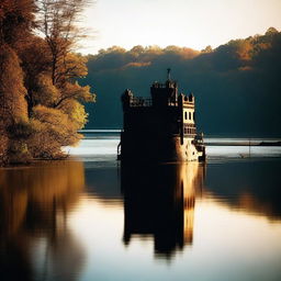 In the background, the silhouette of Bannerman's Castle on Pollepel Island, surrounded by forest and water, creating an atmosphere of isolation and adventure