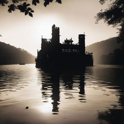 In the background, the silhouette of Bannerman's Castle on Pollepel Island, surrounded by forest and water, creating an atmosphere of isolation and adventure