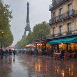 An enchanting view of a cafè in the heart of Paris during a light rain shower, with people under colorful umbrellas and the Eiffel Tower in the background.