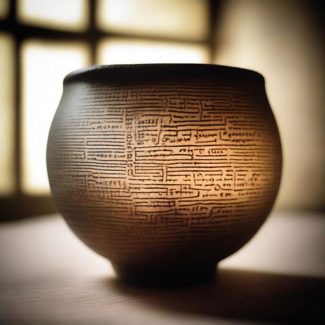 An image of an ancient vessel containing liquid, with partially blurred inscriptions 'Salva' visible on its surface