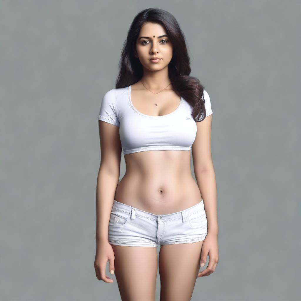 A hyper-realistic full body length portrait of Sweta Tiwari with her stomach and legs entirely visible