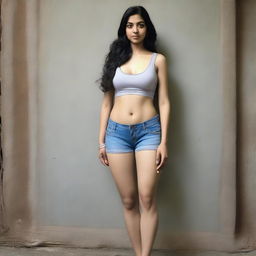 A hyper-realistic full body length portrait of Sweta Tiwari with her stomach and legs entirely visible