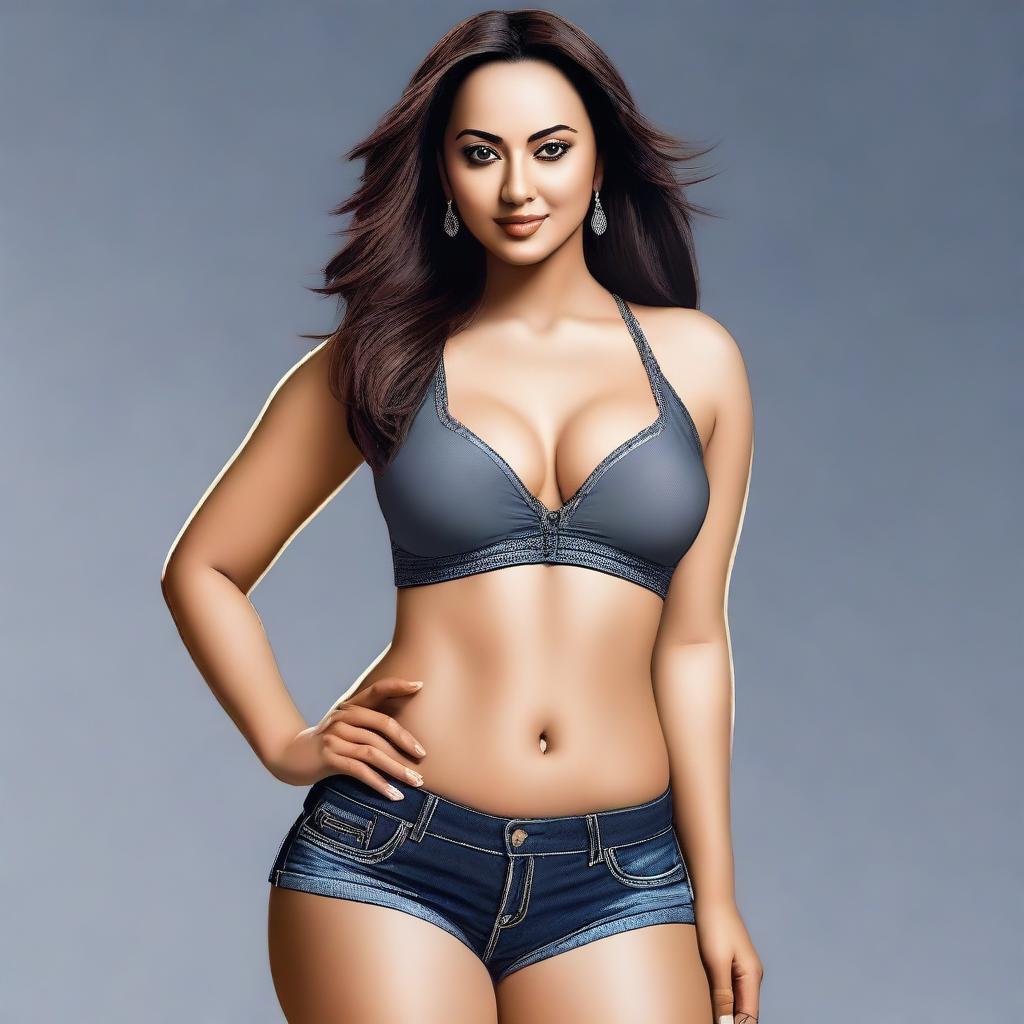 A hyper-realistic full body length portrait of Sonakshi Sinha with her stomach and legs entirely visible