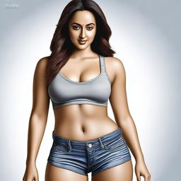 A hyper-realistic full body length portrait of Sonakshi Sinha with her stomach and legs entirely visible