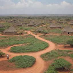 A utopian African landscape where people are leading fulfilling lives thanks to a transformative health infrastructure software. Their joy radiates from the improvement in their health and quality of life.