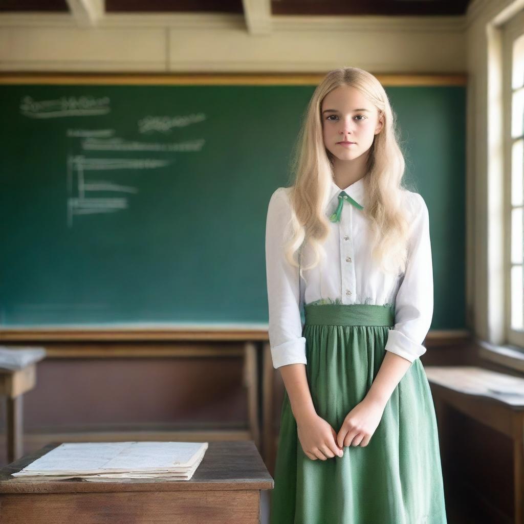 A light-skinned teenage girl with long platinum blonde hair and large light green eyes is standing in an old classroom