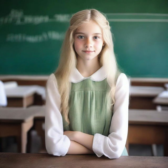 A light-skinned teenage girl with long platinum blonde hair and large light green eyes is standing in an old classroom