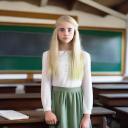 A light-skinned teenage girl with long platinum blonde hair and large light green eyes is standing in an old classroom