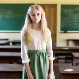 A light-skinned teenage girl with long platinum blonde hair and large light green eyes is standing in an old classroom