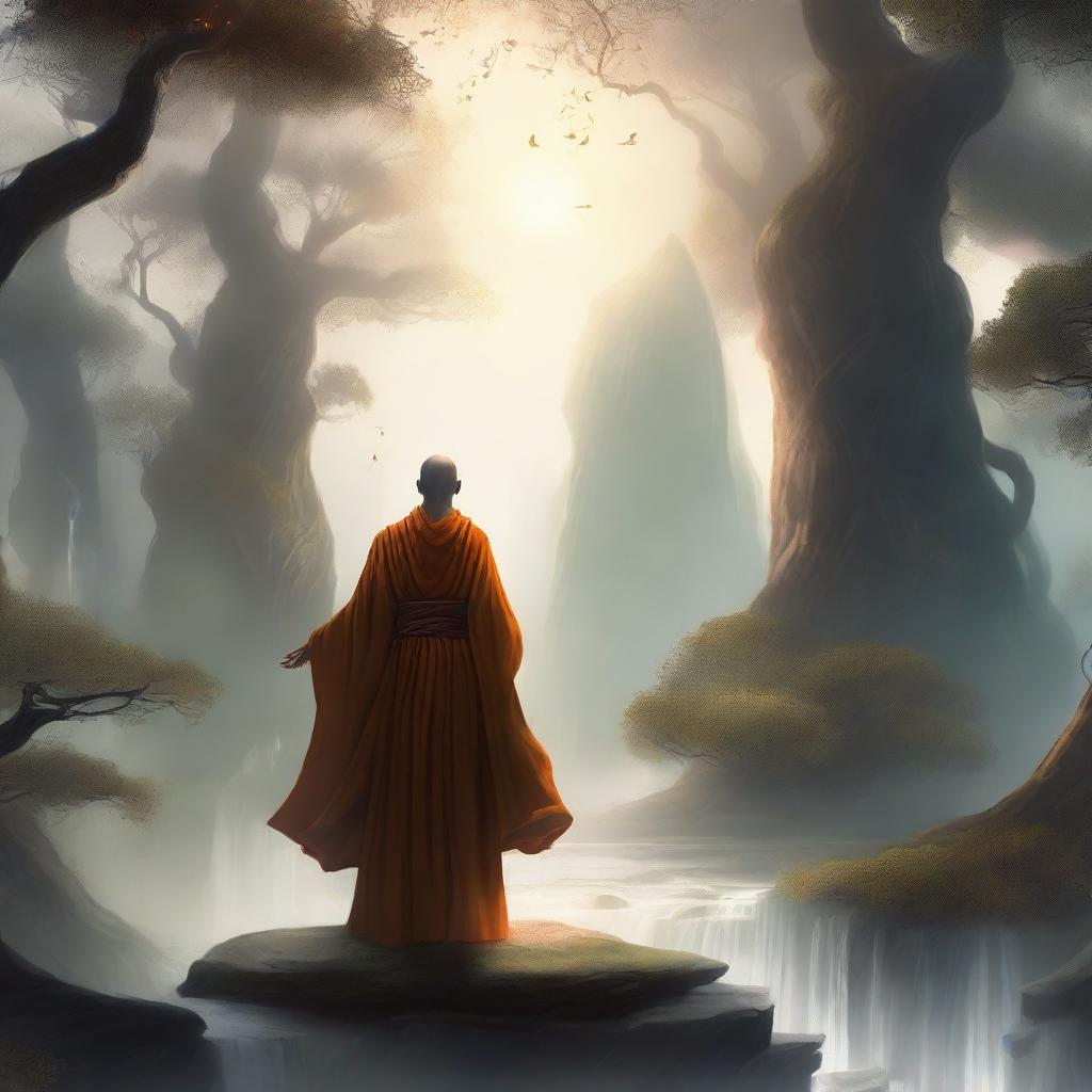 A majestic Aasimar monk standing in a serene, mystical landscape