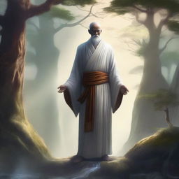 A majestic Aasimar monk standing in a serene, mystical landscape