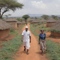 A utopian African landscape where people are leading fulfilling lives thanks to a transformative health infrastructure software. Their joy radiates from the improvement in their health and quality of life.