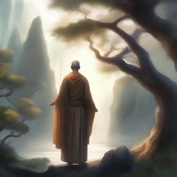 A majestic Aasimar monk standing in a serene, mystical landscape