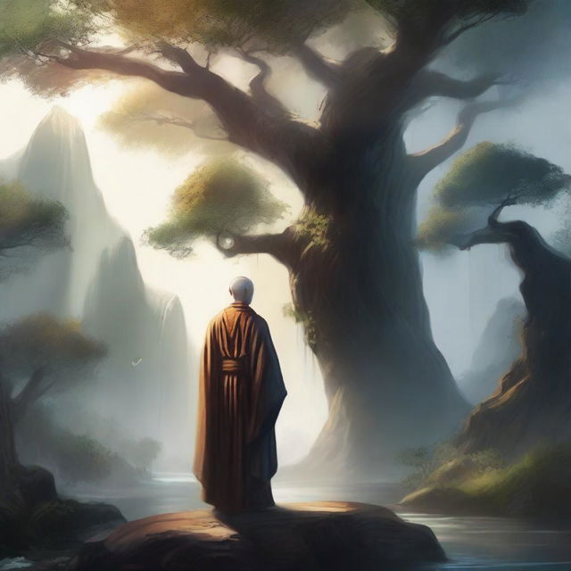 A majestic Aasimar monk standing in a serene, mystical landscape