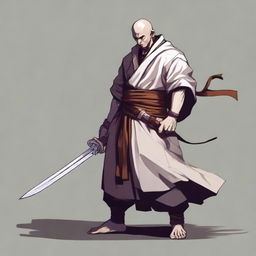 A pale-skinned character wearing a monk's robe and a fighter's armor, blending the serene and ascetic elements of a monk with the rugged and battle-ready aspects of a warrior