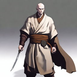 A pale-skinned character wearing a monk's robe and a fighter's armor, blending the serene and ascetic elements of a monk with the rugged and battle-ready aspects of a warrior