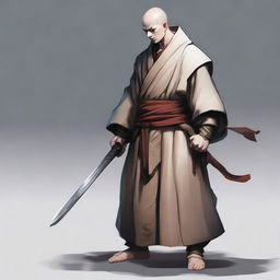 A pale-skinned character wearing a monk's robe and a fighter's armor, blending the serene and ascetic elements of a monk with the rugged and battle-ready aspects of a warrior