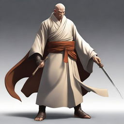 A pale-skinned figure wearing a monk's robe combined with a fighter's armor