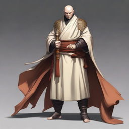 A pale-skinned figure wearing a monk's robe combined with a fighter's armor