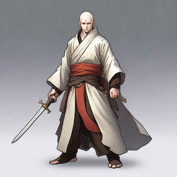 A pale-skinned figure wearing a monk's robe combined with a fighter's armor