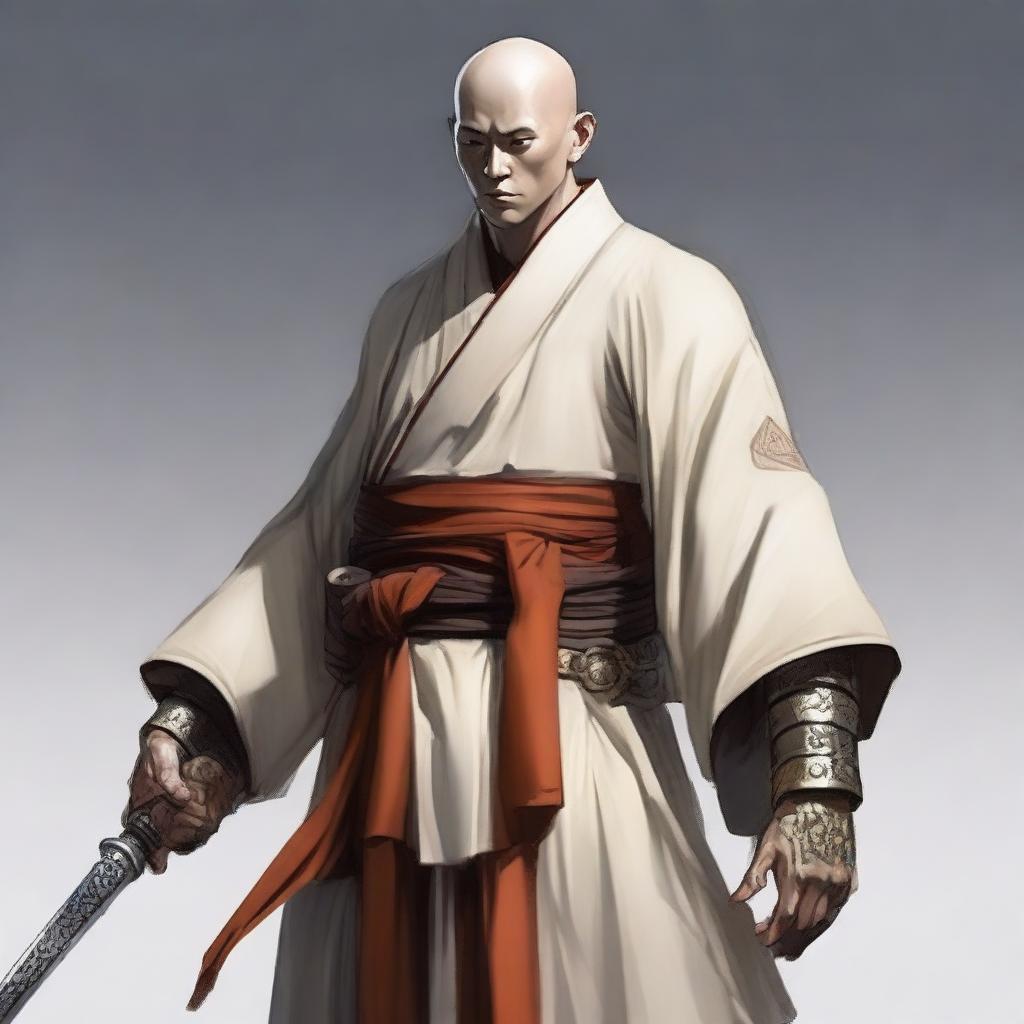 A pale-skinned figure wearing a monk's robe combined with a fighter's armor