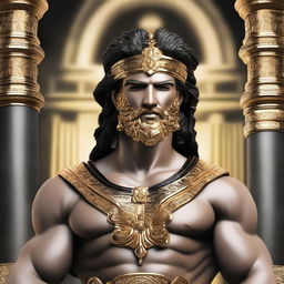 A majestic Greek god adorned in golden and black attire, featuring intricate details and divine accessories