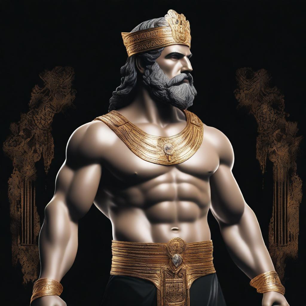 A majestic Greek god adorned in black and golden attire, with diamond accents, standing against a black background